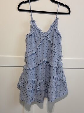 Storia Light Blue Ruffle Tiered Mini Skirt with Black Floral Dots